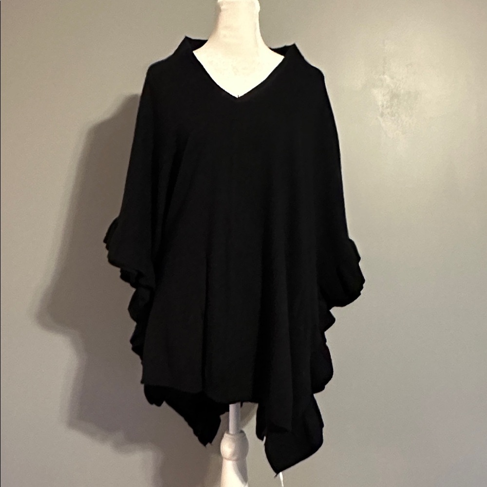 Tempo Paris Black Poncho with Ruffle Detail, Size S/M